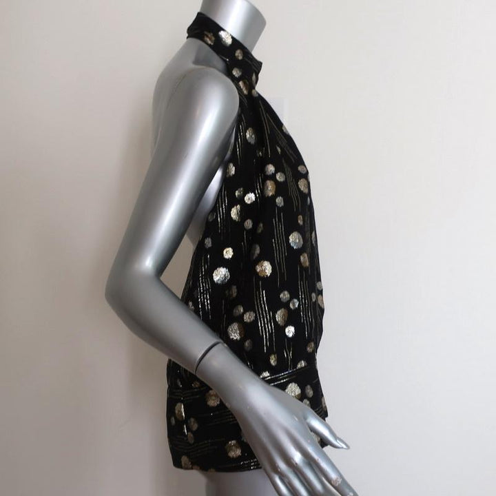 Mason Halter Top Black/Gold Lurex Dot Print Silk Size 8 Open Back Blouse available at CelebrityOwned.com img_5