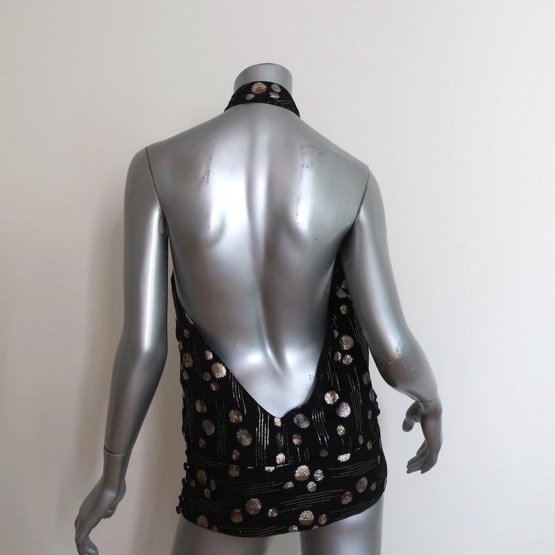 Mason Halter Top Black/Gold Lurex Dot Print Silk Size 8 Open Back Blouse available at CelebrityOwned.com img_6