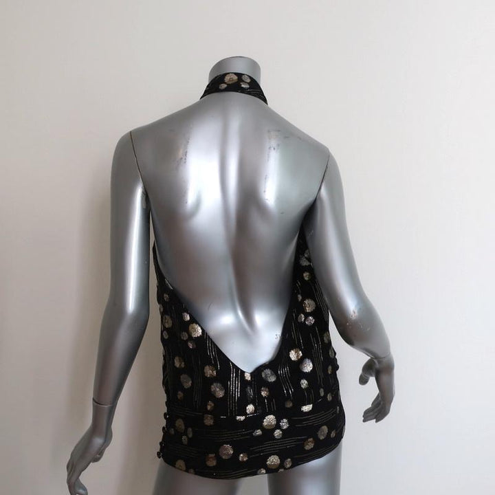 Mason Halter Top Black/Gold Lurex Dot Print Silk Size 8 Open Back Blouse available at CelebrityOwned.com img_6