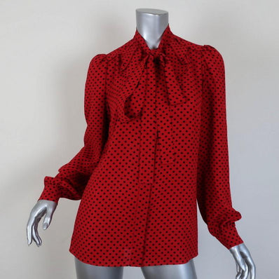 Michael Kors Collection Pussy Bow Blouse Red/Black Polka Dot Silk Size 4 available at CelebrityOwned.com img_1