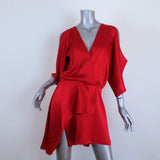 Michelle Mason Cold Shoulder Mini Wrap Dress Red Silk Satin Size 6 available at CelebrityOwned.com img_1