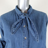 M.i.h Jeans Tie-Neck Shirt Booker Chambray Denim Size Medium Long Sleeve Top available at CelebrityOwned.com img_2