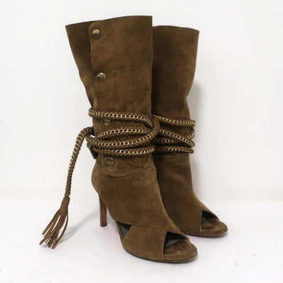Monika Chiang Braided Chain Boots Armena Brown Suede Size 35 Open Toe Heel available at CelebrityOwned.com img_1