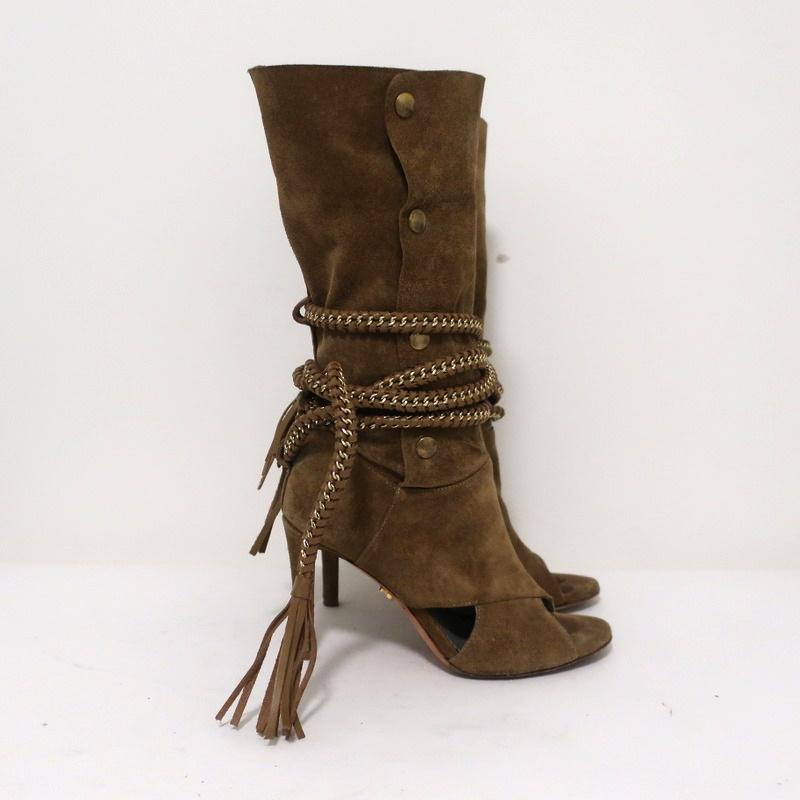 Monika Chiang Braided Chain Boots Armena Brown Suede Size 35 Open Toe Heel available at CelebrityOwned.com img_2