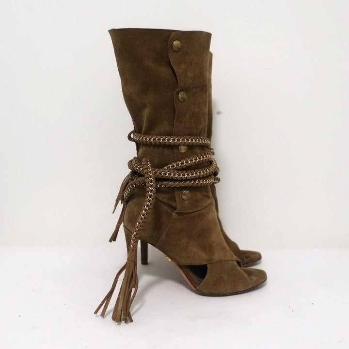 Monika Chiang Braided Chain Boots Armena Brown Suede Size 35 Open Toe Heel available at CelebrityOwned.com img_2