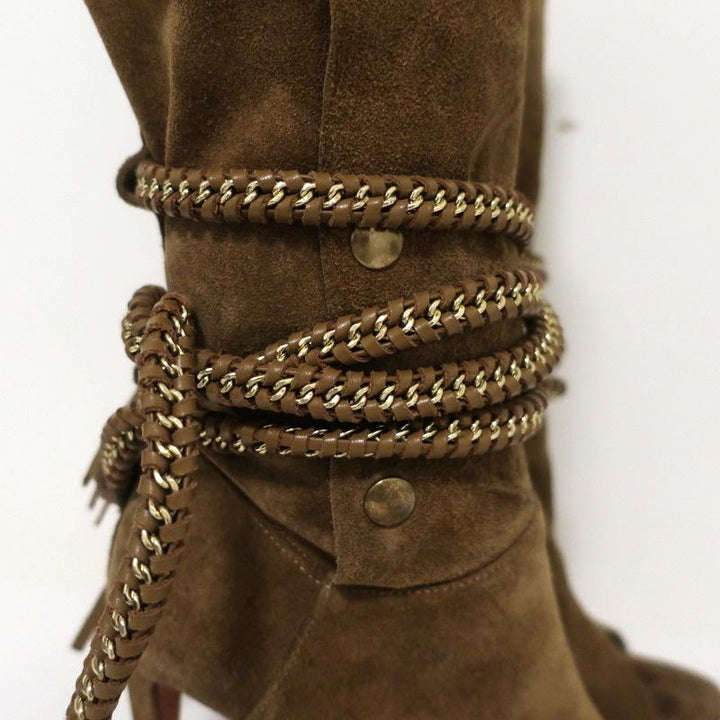 Monika Chiang Braided Chain Boots Armena Brown Suede Size 35 Open Toe Heel available at CelebrityOwned.com img_3