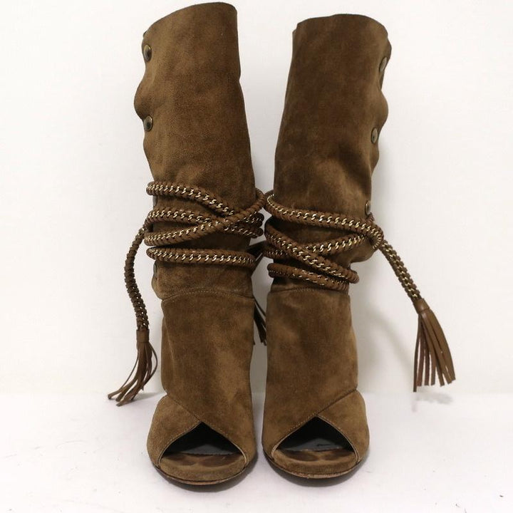 Monika Chiang Braided Chain Boots Armena Brown Suede Size 35 Open Toe Heel available at CelebrityOwned.com img_4