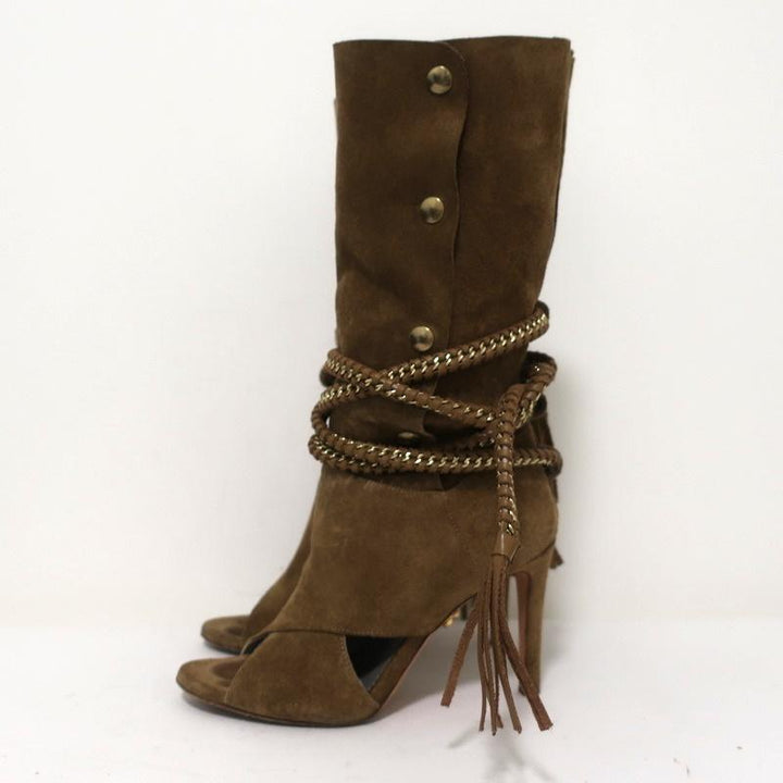 Monika Chiang Braided Chain Boots Armena Brown Suede Size 35 Open Toe Heel available at CelebrityOwned.com img_6