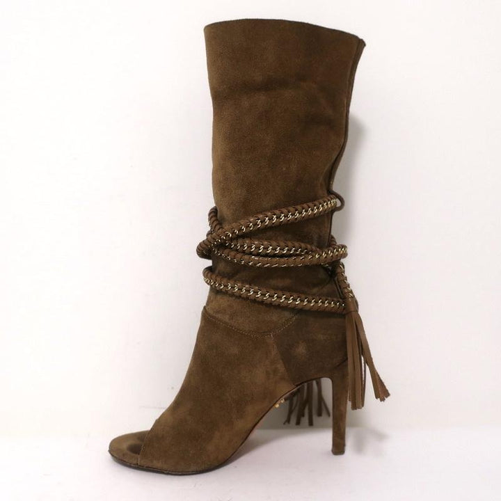 Monika Chiang Braided Chain Boots Armena Brown Suede Size 35 Open Toe Heel available at CelebrityOwned.com img_7