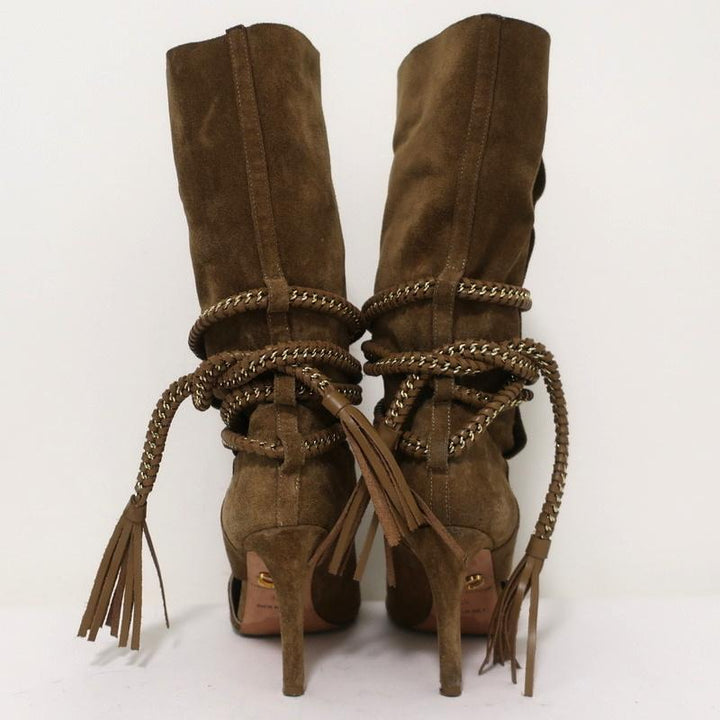 Monika Chiang Braided Chain Boots Armena Brown Suede Size 35 Open Toe Heel available at CelebrityOwned.com img_8