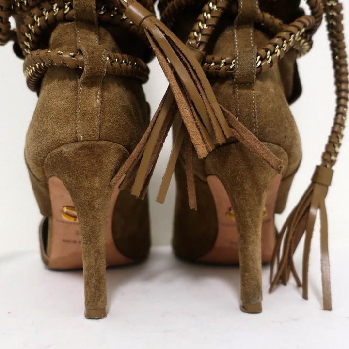 Monika Chiang Braided Chain Boots Armena Brown Suede Size 35 Open Toe Heel available at CelebrityOwned.com img_9