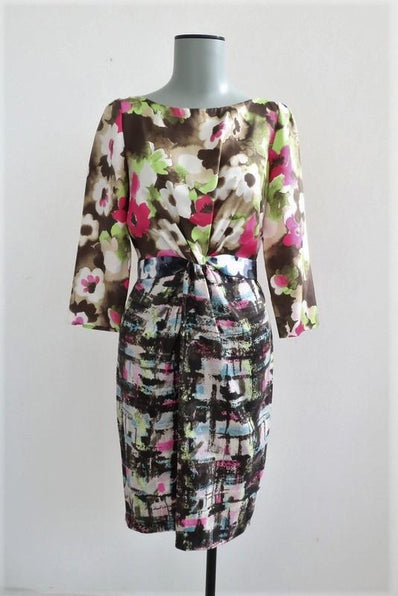 Moschino Cheap & Chic Dress Mixed Print Silk Twill Size US 4 Twist-Front Sheath available at CelebrityOwned.com img_1