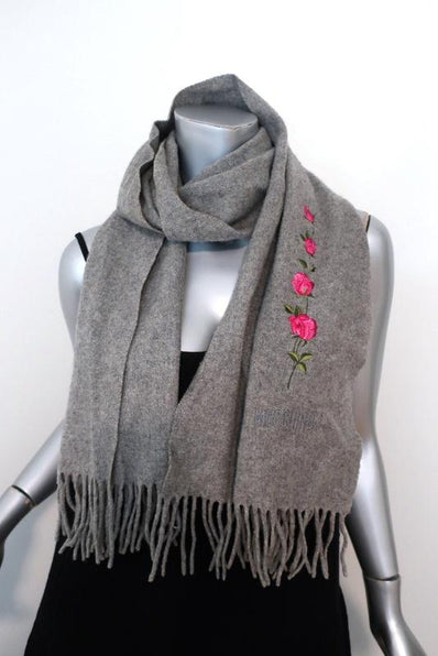 Moschino Scarf Gray Floral-Embroidered Fringed Wool available at CelebrityOwned.com img_1