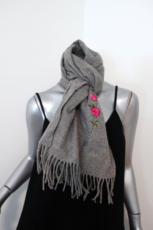 Moschino Scarf Gray Floral-Embroidered Fringed Wool available at CelebrityOwned.com img_3