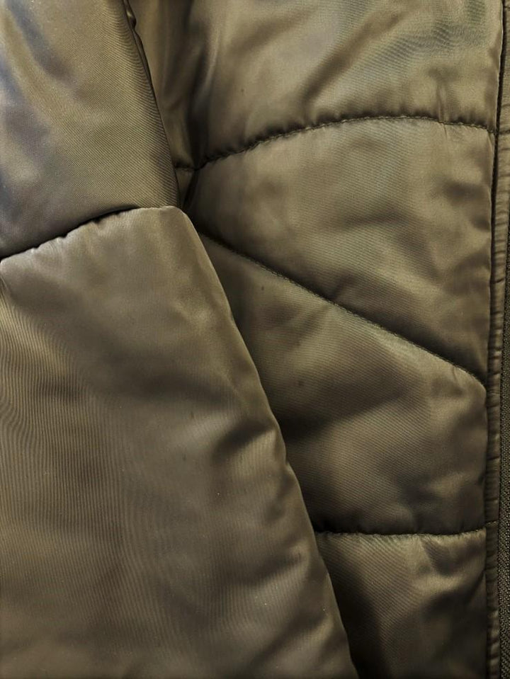 NSF Puffer Jacket Veda Olive Tech-Satin Size Petite Hooded Zip-Front available at CelebrityOwned.com img_7