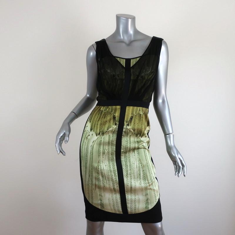 Narciso Rodriguez Dress Black/Green Mesh-Overlay Feather Print Satin Size 40 Narciso Rodriguez Dress Black/Green Mesh-Overlay Feather Print Satin Size 40