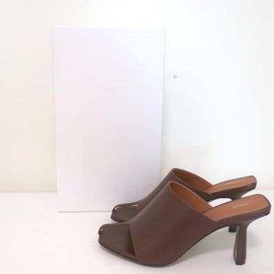 Neous Jumel Mules Chocolate Leather Size 38 Cutout-Toe Heels NEW available at CelebrityOwned.com img_1