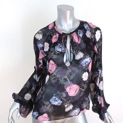 Nicholas Blouse Black Floral Print Ruffled Silk Size US 2 Long Sleeve Top available at CelebrityOwned.com img_1