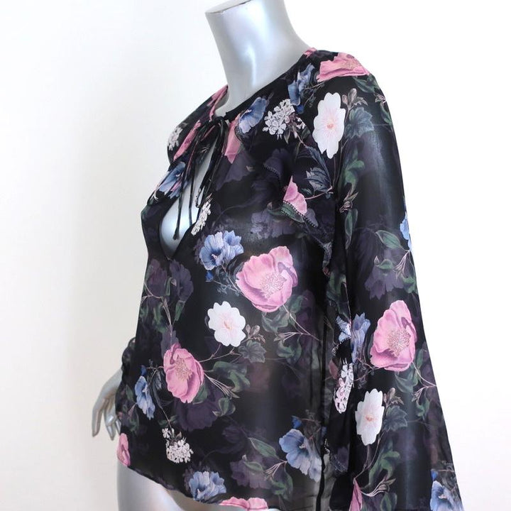 Nicholas Blouse Black Floral Print Ruffled Silk Size US 2 Long Sleeve Top available at CelebrityOwned.com img_2