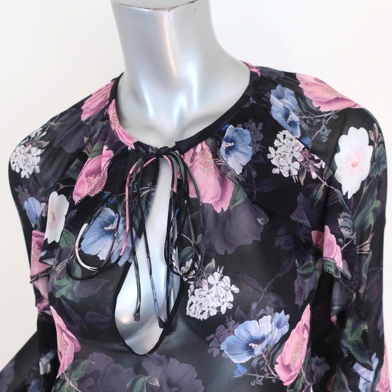 Nicholas Blouse Black Floral Print Ruffled Silk Size US 2 Long Sleeve Top available at CelebrityOwned.com img_3