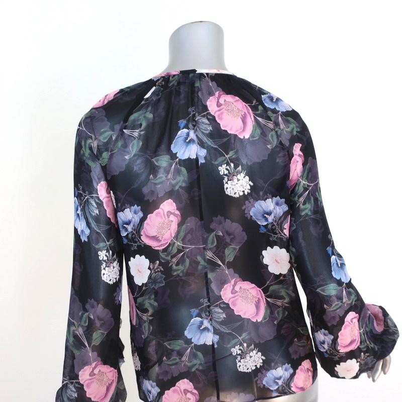 Nicholas Blouse Black Floral Print Ruffled Silk Size US 2 Long Sleeve Top available at CelebrityOwned.com img_5