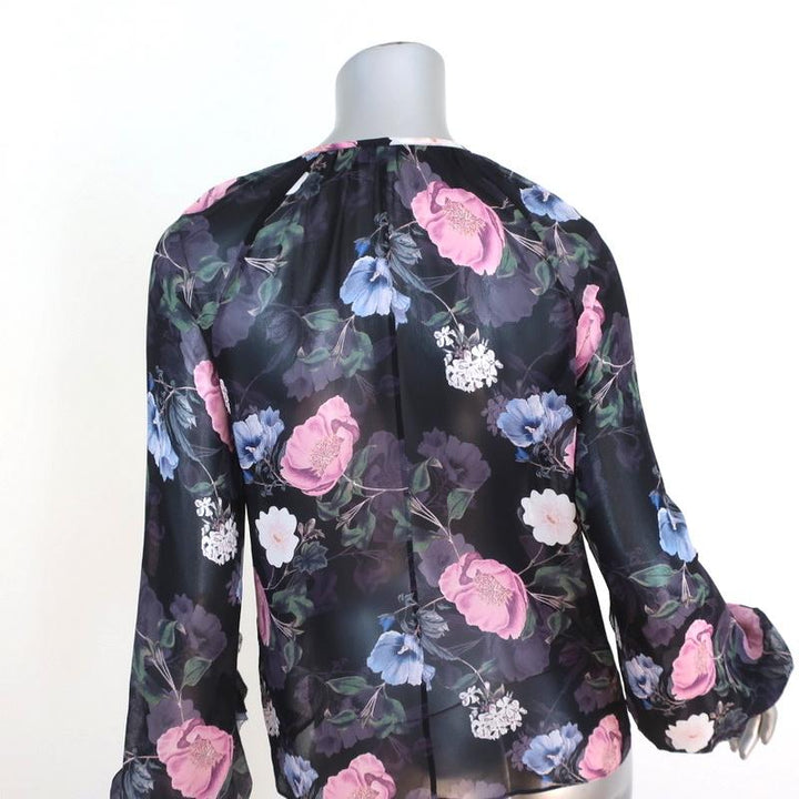 Nicholas Blouse Black Floral Print Ruffled Silk Size US 2 Long Sleeve Top available at CelebrityOwned.com img_5