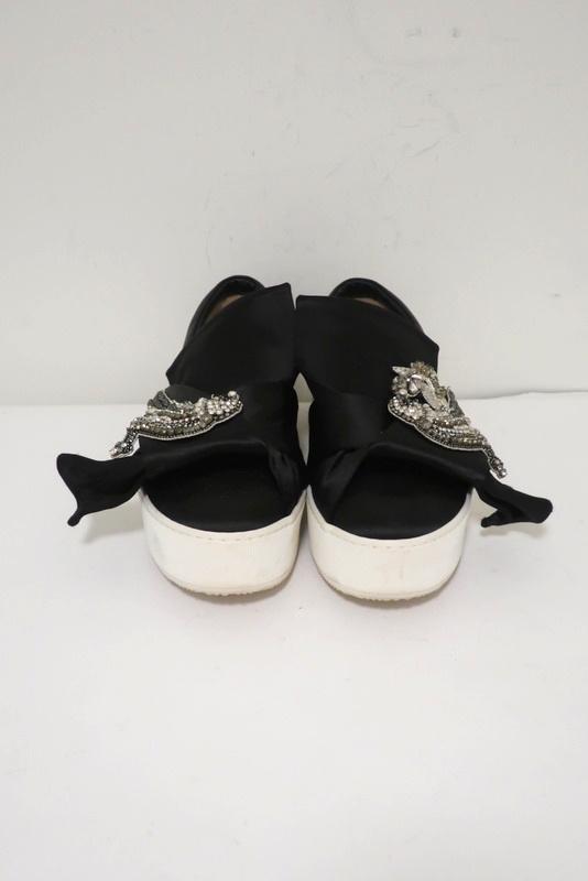 No. 21 Bow Sneakers Black Crystal-Embellished Satin Size 36.5 Slip-On Flatform available at CelebrityOwned.com img_5