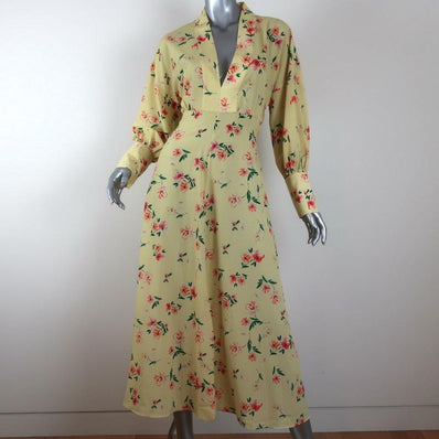 Paloma Blue Midi Dress Bronte Yellow Floral Print Size Small Long Sleeve V-Neck available at CelebrityOwned.com img_1