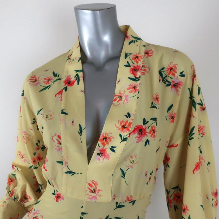Paloma Blue Midi Dress Bronte Yellow Floral Print Size Small Long Sleeve V-Neck available at CelebrityOwned.com img_3