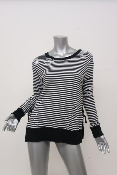 Pam & Gela Side Slit Sweatshirt Black/White Striped Destroyed Fleece Size Small available at CelebrityOwned.com img_1