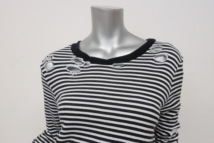 Pam &amp; Gela Side Slit Sweatshirt Black/White Striped Destroyed Fleece Size Small available at CelebrityOwned.com img_2