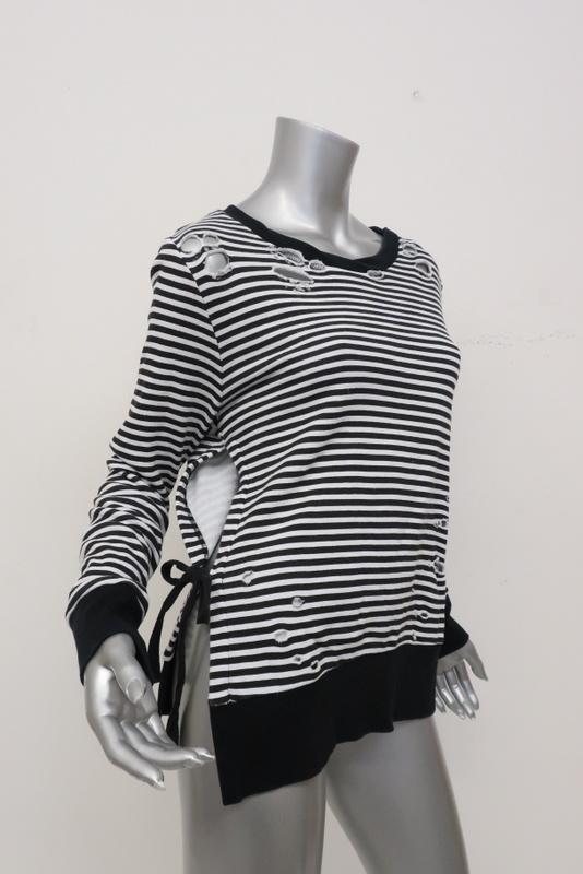 Pam &amp; Gela Side Slit Sweatshirt Black/White Striped Destroyed Fleece Size Small available at CelebrityOwned.com img_4