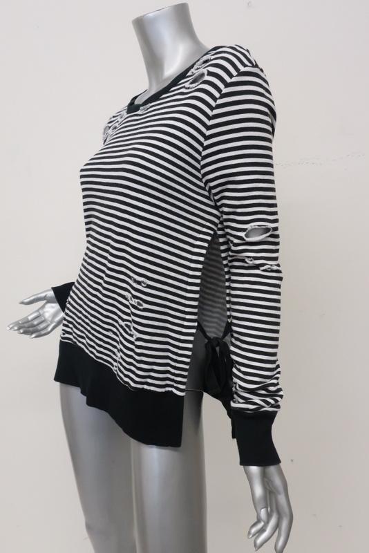 Pam &amp; Gela Side Slit Sweatshirt Black/White Striped Destroyed Fleece Size Small available at CelebrityOwned.com img_9