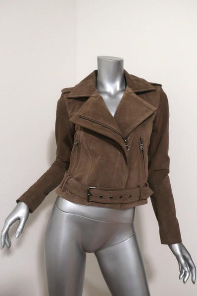 Parker Ace Suede Motorcycle Jacket Taupe Beige Size Extra Small Biker Jacket available at CelebrityOwned.com img_1