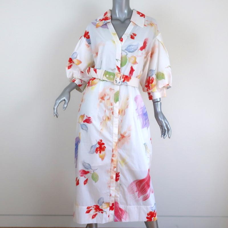 peter pilotto midi dress Peter Pilotto Shirtdress White Floral Print Size 12 Puff Sleeve Midi Dress NEW