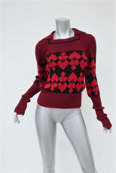 Philosophy Di Lorenzo Serafini Sweater Red/Black Jacquard Knit Pullover Size 2 available at CelebrityOwned.com img_1