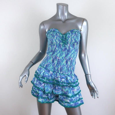 Poupette St Barth Strapless Mini Dress Aqua/Blue Smocked Printed Size Medium available at CelebrityOwned.com img_1