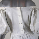 Prada Off the Shoulder Dress White Ruched Tiered Cotton Size 42 available at CelebrityOwned.com img_7