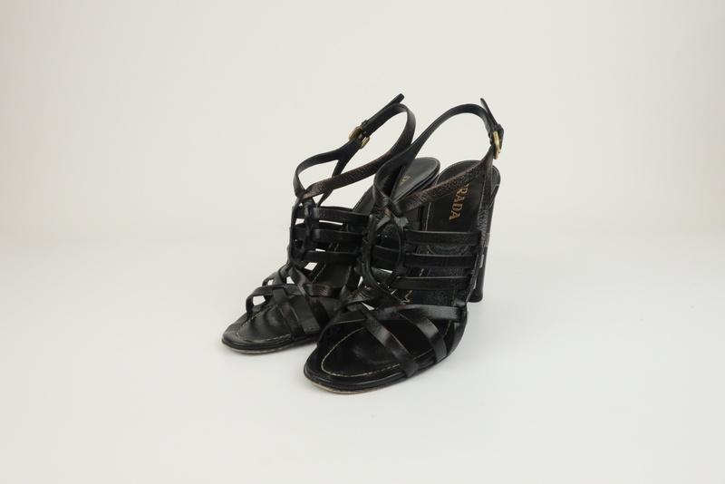 Prada Slingback Sandals Black Madras Woven Leather Size 38.5 Open Toe Heel available at CelebrityOwned.com img_2