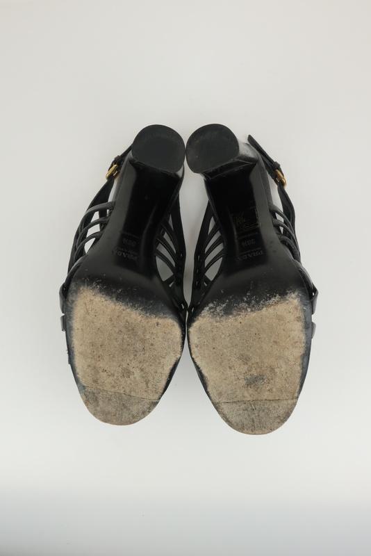 Prada Slingback Sandals Black Madras Woven Leather Size 38.5 Open Toe Heel available at CelebrityOwned.com img_8