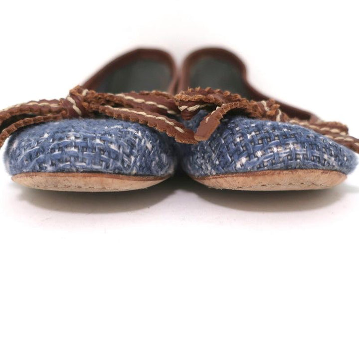 Prada Tweed Ballet Flats with Leather Bow Blue/Brown Size 37 available at CelebrityOwned.com img_4