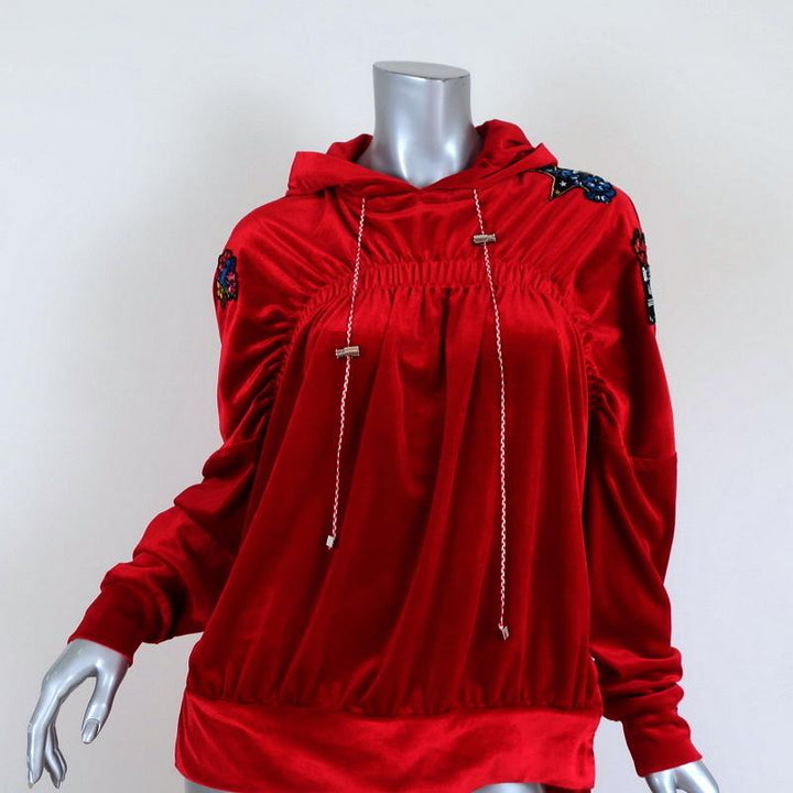 Preen Line Velour Hoodie Sweatshirt with Patches Red Size Medium available at CelebrityOwned.com img_2