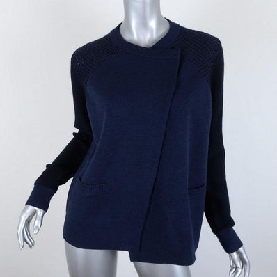 Proenza Schouler Cardigan Navy Paneled Knit Size Medium Asymmetric Sweater available at CelebrityOwned.com img_1