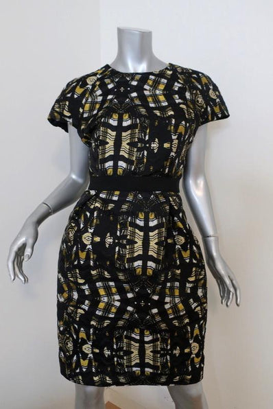 Proenza Schouler Dress Black/Yellow Printed Satin Jacquard Size 8 Cap Sleeve NEW available at CelebrityOwned.com img_1