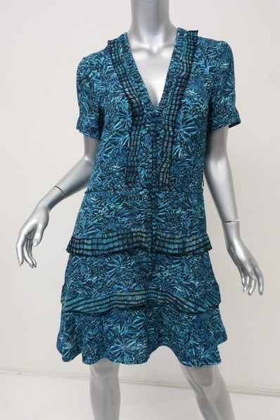 Proenza Schouler Dress Blue Abstract Print Silk Size 2 Ruffle Trim Short Sleeve available at CelebrityOwned.com img_1