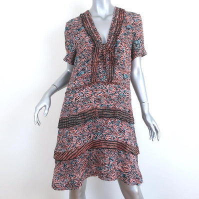 Proenza Schouler Dress Pink/Blue Printed Ruffled Silk Size 8 Short Sleeve V-Neck-img_[image_position} from CelebrityOwned.com