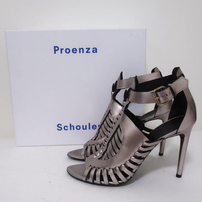 Proenza Schouler Sandals Silver Metallic Woven Leather Size 41 Open Toe Heels available at CelebrityOwned.com img_1