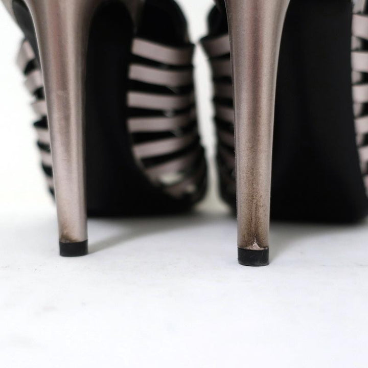 Proenza Schouler Sandals Silver Metallic Woven Leather Size 41 Open Toe Heels available at CelebrityOwned.com img_9