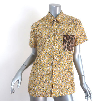 R13 Tony Shirt Yellow Floral Print Cotton & Leopard Silk Top Size Extra Small available at CelebrityOwned.com img_1