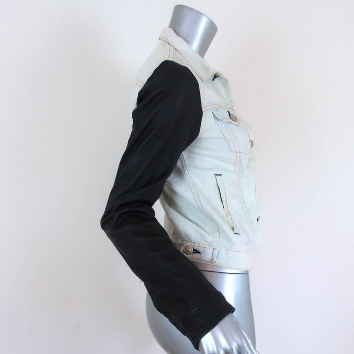 Rag &amp; Bone/JEAN Jean Jacket with Leather Sleeves Bleach Out/Black Size Small available at CelebrityOwned.com img_5